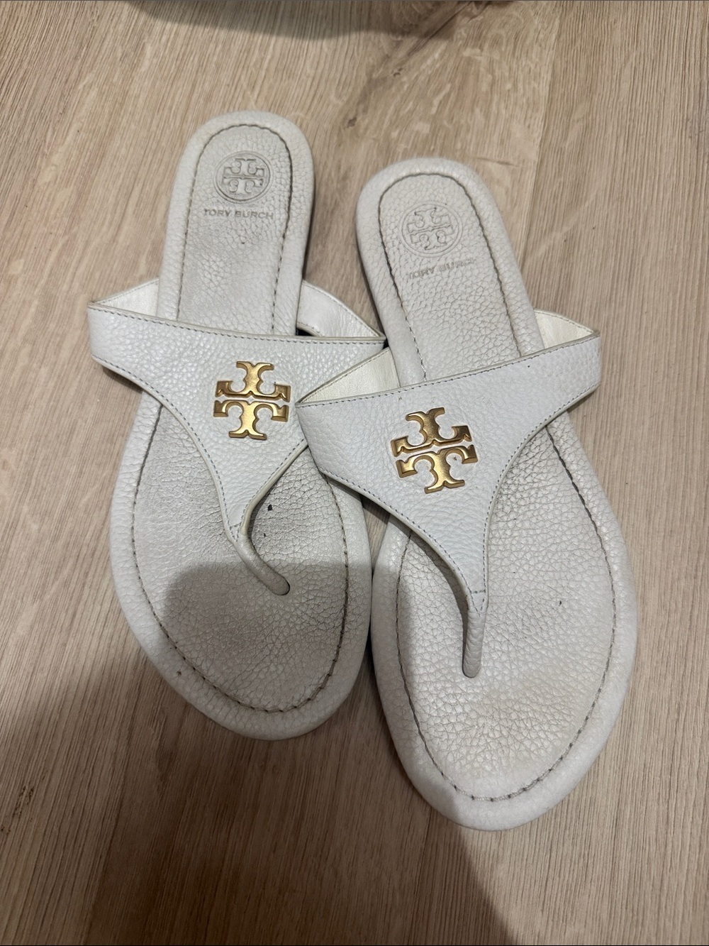 Tory Burch White Leather Miller Thong Sandals with Gold Logo Emblem